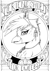 Size: 2394x3416 | Tagged: safe, artist:longinius, gilda, griffon, g4, bust, crown, dweeb, high res, jewelry, looking at you, monochrome, necklace, portrait, profile, regalia, scroll, smiling, text, traditional art