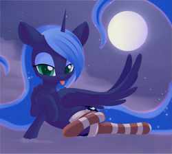 Size: 1519x1359 | Tagged: safe, artist:dusthiel, princess luna, alicorn, pony, :p, bedroom eyes, christmas, clothes, female, holiday, lidded eyes, looking at you, mare, socks, solo, striped socks, tongue out