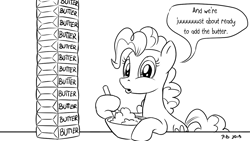 Size: 1200x675 | Tagged: safe, artist:pony-berserker, pinkie pie, earth pony, pony, pony-berserker's twitter sketches, g4, black and white, bowl, butter, female, food, grayscale, i can't believe it's not idw, mane, mare, monochrome, signature, simple background, solo, speech bubble, white background