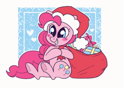 Size: 1020x722 | Tagged: safe, artist:ponycide, pinkie pie, earth pony, pony, g4, abstract background, blushing, christmas, cute, diapinkes, female, hat, heart, holiday, mare, present, sack, santa hat, sitting, smiling, solo