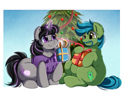 Size: 3430x2524 | Tagged: safe, artist:pridark, oc, oc:lupin quill, oc:magna-save, earth pony, pony, unicorn, bhm, christmas, christmas tree, clothes, fat, female, gift giving, hearth's warming eve, high res, holiday, jacket, magic, male, mare, present, stallion, tree