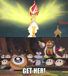 Size: 500x555 | Tagged: safe, edit, edited screencap, editor:earwaxkid, screencap, sunset shimmer, waddle dee, waddle doo, equestria girls, g4, my little pony equestria girls: friendship games, caption, daydream shimmer, escargon, image macro, king dedede, kirby (series), kirby of the stars, text