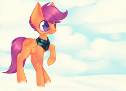 Size: 964x696 | Tagged: safe, artist:crispycreme, scootaloo, pegasus, pony, g4, clothes, cloud, cute, cutealoo, ear fluff, female, filly, scarf, snow, solo, winter