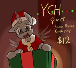 Size: 1280x1159 | Tagged: safe, artist:spheedc, oc, pony, chimney, christmas, christmas lights, clothes, commission, costume, digital art, hat, holiday, in a box, present, santa costume, santa hat, smiling, solo, your character here