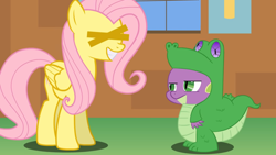 Size: 1280x720 | Tagged: safe, artist:cichywuj, fluttershy, gummy, spike, dragon, pegasus, pony, g4, clothes, costume, female, grimdark source, laughing, male, mare, youtube link