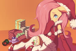 Size: 1006x675 | Tagged: safe, artist:wtcolor, fluttershy, twilight sparkle, semi-anthro, g4, arm hooves, blushing, christmas, clothes, colored pupils, costume, cute, female, floppy ears, hair over one eye, holiday, mare, ornament, pixiv, plushie, present, santa costume, shyabetes, socks, solo, thigh highs
