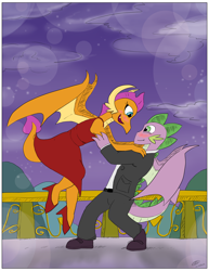 Size: 2550x3300 | Tagged: safe, artist:loreto-arts, smolder, spike, dragon, anthro, clothes, dress, female, high heels, male, shipping, shoes, spolder, straight, suit, winged spike, wings