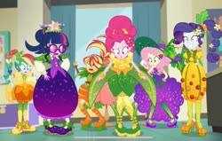Size: 2160x1376 | Tagged: safe, screencap, fluttershy, pinkie pie, rainbow dash, rarity, sci-twi, sunset shimmer, twilight sparkle, equestria girls, equestria girls series, g4, holidays unwrapped, o come all ye squashful, spoiler:eqg series (season 2), clothes, converse, cornucopia costumes, costume, female, inflatable dress, shoes