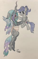 Size: 2577x4029 | Tagged: safe, artist:mystic bolt, oc, oc only, oc:diamond chrystalis, oc:dream vezpyre, oc:dream², changeling, pony, unicorn, changeling oc, fangs, female, flying, holding a pony, ponytail, shipping, size difference, traditional art