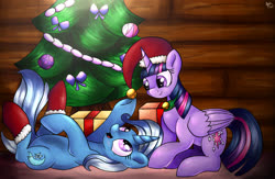 Size: 2416x1574 | Tagged: safe, artist:appleneedle, trixie, twilight sparkle, alicorn, pony, unicorn, g4, bell, cabin, choker, christmas, christmas lights, christmas tree, clothes, commission, cute, diatrixes, female, hat, holiday, lesbian, looking at each other, mare, on back, open mouth, present, raised hoof, raised leg, santa hat, ship:twixie, shipping, socks, tree, twiabetes, twilight sparkle (alicorn), underhoof