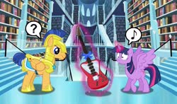 Size: 1024x604 | Tagged: safe, artist:silverbuller, flash sentry, twilight sparkle, alicorn, pony, g4, bookshelf, christmas, confused, crystal empire, guitar, hearth's warming, holiday, library, music notes, musical instrument, present, question mark, twilight sparkle (alicorn)
