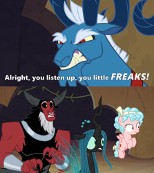Size: 2000x2246 | Tagged: safe, edit, edited screencap, screencap, cozy glow, grogar, lord tirek, queen chrysalis, centaur, changeling, changeling queen, pegasus, pony, sheep, frenemies (episode), g4, abuse, angry, beard, bow, caption, chrysabuse, cozybuse, crown, cutie mark, evil lair, eyebrows, facial hair, fangs, female, filly, gritted teeth, grogar's lair, high res, horn, horns, image macro, jewelry, lair, legion of doom, leopold, male, meme, nervous, nose piercing, nose ring, piercing, quote, ram, reference, regalia, scared, septum piercing, shackles, simpsons did it, text, the simpsons, tirekabuse, wings