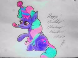 Size: 4032x3024 | Tagged: safe, oc, oc only, oc:blueberry rainbow, pegasus, pony, birthday, cute, female, hat, party hat, party horn, solo, traditional art