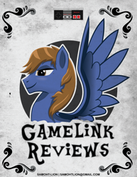 Size: 2551x3301 | Tagged: safe, artist:samoht-lion, oc, oc only, oc:gamelink reviews, pegasus, pony, bust, high res, male, pegasus oc, smiling, solo, stallion, text, wings