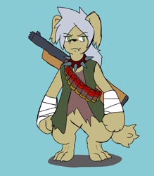 Size: 2508x2858 | Tagged: safe, artist:omegapony16, oc, oc only, diamond dog, anthro, digitigrade anthro, bandage, clothes, diamond dog oc, female, gun, high res, simple background, solo, vest, weapon