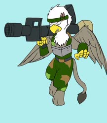 Size: 1777x2048 | Tagged: safe, artist:omegapony16, oc, oc only, oc:oriponi, griffon, armor, camouflage, flying, griffon oc, gritted teeth, headband, male, missile launcher, simple background, solo