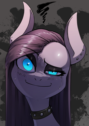 Size: 2480x3508 | Tagged: safe, artist:underpable, pinkie pie, earth pony, pony, g4, black eyeshadow, choker, crazy face, crying, desaturated, dreamworks face, ear piercing, eyeshadow, faic, female, glowing eyes, high res, makeup, piercing, pinkamena diane pie, ponk, punkamena, punkie pie, smiling, solo