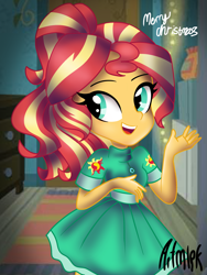 Size: 1536x2048 | Tagged: safe, artist:artmlpk, sunset shimmer, equestria girls, g4, alternate hairstyle, christmas, clothes, cute, cutie mark, design, dress, female, holiday, looking back, open mouth, ponytail, room, shimmerbetes, smiling, solo