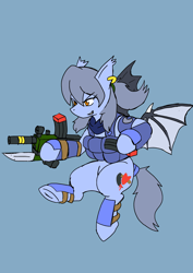 Size: 2508x3541 | Tagged: safe, artist:omegapony16, oc, oc only, oc:oriponi, bat pony, pony, armor, bat pony oc, bayonet, clothes, ear piercing, earring, female, flying, frog (hoof), grin, gun, high res, hoof hold, jewelry, mare, piercing, smiling, soldier, solo, underhoof, vest, weapon