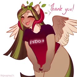 Size: 1000x1003 | Tagged: safe, artist:helemaranth, oc, oc only, oc:helemaranth, pegasus, anthro, bottomless, clothes, eyes closed, female, horns, milestone, nudity, partial nudity, smiling, solo, speech