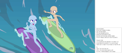 Size: 4500x1968 | Tagged: safe, artist:doraair, oc, oc only, blue crushed, equestria girls, equestria girls series, g4, bald, base, breasts, featureless breasts, female, grin, looking at each other, open mouth, simple background, smiling, surfboard, surfing, text, transparent background, wave