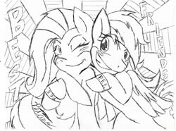 Size: 1035x771 | Tagged: safe, artist:petanoprime, fluttershy, rainbow dash, pegasus, pony, g4, blushing, bracelet, female, grin, hug, jewelry, lesbian, lineart, mare, monochrome, one eye closed, ship:flutterdash, shipping, smiling, sunburst background, traditional art, wink