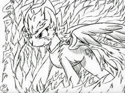 Size: 1035x772 | Tagged: safe, artist:petanoprime, spitfire, pegasus, pony, g4, female, fire, grin, lineart, mare, monochrome, signature, smiling, solo, spitfiery, text, traditional art