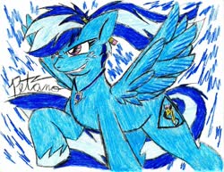 Size: 1018x784 | Tagged: safe, artist:petanoprime, oc, oc only, oc:electric sketch, pegasus, pony, female, freckles, grin, jewelry, mare, necklace, pegasus oc, pencil, ponytail, raised hoof, smiling, solo, spread wings, traditional art, unshorn fetlocks, wings