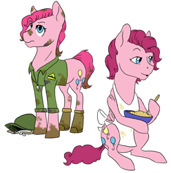 Size: 3108x3128 | Tagged: safe, artist:phobicalbino, pinkie pie, earth pony, pony, g4, apron, bowl, clothes, dog tags, female, grimdark in the description, hat, high res, mare, military uniform, mixing bowl, mud, muddy, naked apron, scar, simple background, stirring, white background