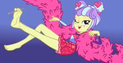 Size: 1024x528 | Tagged: safe, artist:grapefruitface1, supernova zap, equestria girls, g4, barefoot, base used, bedroom eyes, clothes, feet, female, fetish, foot fetish, gradient background, legs, looking at you, one eye closed, show accurate, solo, su-z, wink