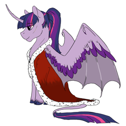 Size: 3300x3300 | Tagged: safe, artist:phobicalbino, twilight sparkle, alicorn, bat pony, bat pony alicorn, pony, g4, cape, clothes, cloven hooves, curved horn, female, high res, horn, hybrid wings, leonine tail, mare, ponytail, sitting, solo, twilight sparkle (alicorn), wing claws, wings