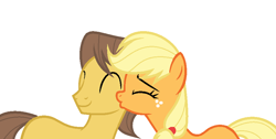 Size: 1108x560 | Tagged: safe, artist:northgirl15, applejack, caramel, earth pony, pony, g4, cheek kiss, female, kissing, male, mare, ship:carajack, shipping, stallion, straight