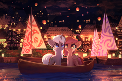 Size: 3000x1999 | Tagged: safe, artist:freeedon, oc, oc only, oc:eula phi, oc:velvet silverwing, bat pony, pony, unicorn, animated at source, animated in description, boat, china, chinese lantern, commission, duo, lantern, night, paper lantern, sailboat, scenery, smiling, town