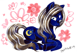 Size: 1920x1361 | Tagged: safe, artist:yulyeen, derpibooru exclusive, oc, oc only, oc:moon flower, pony, 2019, coat markings, commission, commissioner:moon flower, cutie mark error, facial markings, flower, flüüfff, flüüfff 2019, full body, lidded eyes, looking at you, lying, marker drawing, sitting, smiling, smiling at you, solo, star (coat marking), traditional art