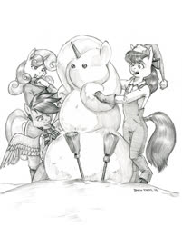 Size: 1100x1371 | Tagged: safe, artist:baron engel, apple bloom, scootaloo, sweetie belle, earth pony, pegasus, unicorn, anthro, unguligrade anthro, g4, cutie mark crusaders, female, filly, monochrome, pencil drawing, snow, snowmare, snowpony, tongue out, traditional art, trio, trio female