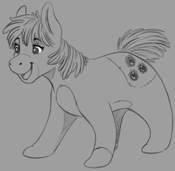 Size: 2436x2379 | Tagged: safe, artist:faline-art, cheerilee, original species, plush pony, pony, g4, crossover, female, high res, hundred acre wood, living object, living toy, mare, monochrome, plushie, smiling, solo, winnie the pooh
