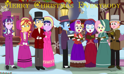 Size: 5000x3000 | Tagged: safe, artist:robukun, big macintosh, flash sentry, flutterholly, fluttershy, merry, rarity, snowfall frost, starlight glimmer, sunset shimmer, toe-tapper, torch song, twilight sparkle, a hearth's warming tail, equestria girls, g4, caroling, clothes, female, long dress, long skirt, male, ponytones, ship:flashlight, ship:fluttermac, shipping, skirt, straight, victorian, victorian dress
