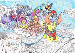 Size: 3490x2469 | Tagged: safe, artist:grimmyweirdy, applejack, fluttershy, pinkie pie, rainbow dash, rarity, spike, starlight glimmer, thorax, trixie, twilight sparkle, alicorn, changedling, changeling, pony, g4, christmas, christmas changeling, clothes, cloud, flying, guitar, hat, high res, holiday, jingle bells, king thorax, mug, musical instrument, santa hat, scarf, sleigh, snow, stars, twilight sparkle (alicorn)