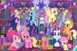 Size: 1541x1027 | Tagged: safe, gameloft, applejack, fluttershy, li'l cheese, luster dawn, pinkie pie, rainbow dash, rarity, twilight sparkle, alicorn, earth pony, pegasus, pony, g4, the last problem, castle, christmas, colt, decoration, female, flying, foal, game, holiday, horn, looking at you, male, mare, older, older applejack, older fluttershy, older pinkie pie, older rainbow dash, older rarity, older twilight, older twilight sparkle (alicorn), present, princess twilight 2.0, sitting, standing, twilight sparkle (alicorn), wings
