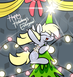 Size: 2560x2700 | Tagged: dead source, safe, artist:php142, derpy hooves, pegasus, pony, g4, bow, christmas, christmas lights, christmas tree, cute, derpy star, female, high res, holiday, mare, solo, spread wings, text, tree, wings