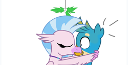 Size: 1024x524 | Tagged: safe, artist:ejlightning007arts, gallus, silverstream, griffon, hippogriff, g4, christmas, cropped, cute, diastreamies, dot eyes, female, gallabetes, holiday, kissing, male, mistleholly, mouth to mouth, ship:gallstream, shipping, shocked expression, shrunken pupils, spoilers for another series, straight, surprise kiss, vector