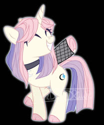 Size: 750x895 | Tagged: safe, oc, oc:gemma moonlight, pony, unicorn, black background, choker, cloven hooves, eyes closed, magical lesbian spawn, next generation, offspring, parent:rarity, parent:twilight sparkle, parents:rarilight, simple background, underhoof, watermark