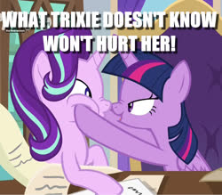 Size: 1227x1073 | Tagged: safe, edit, edited screencap, screencap, starlight glimmer, twilight sparkle, alicorn, pony, g4, the beginning of the end, caption, cropped, image macro, implied infidelity, implied lesbian, implied shipping, implied startrix, implied twistarlight, scroll, shipping, text, twilight sparkle (alicorn)