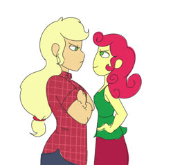 Size: 994x947 | Tagged: safe, artist:ponyretirementhome, applejack, strawberry sunrise, equestria girls, g4, applejack is not amused, clothes, crossed arms, dress, equestria girls-ified, female, flannel, hand on hip, height difference, jeans, looking at each other, pants, simple background, skirt, smug, staring contest, strawberry savage, unamused, white background