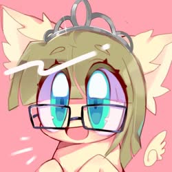 Size: 768x768 | Tagged: safe, artist:lavender_1227, artist:p0myu, zippoorwhill, pegasus, pony, g4, bust, cute, ear fluff, eyebrows, eyebrows visible through hair, female, filly, floating wings, glasses, no nose, open mouth, pink background, portrait, simple background, solo, wings, zippoorbetes