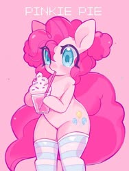 Size: 768x1024 | Tagged: safe, artist:lavender_1227, artist:p0myu, pinkie pie, earth pony, semi-anthro, g4, alternate hairstyle, arm hooves, bipedal, clothes, colored pupils, cute, diapinkes, drink, drinking, female, food, hips, milkshake, pink background, simple background, socks, solo, straw, striped socks, whipped cream