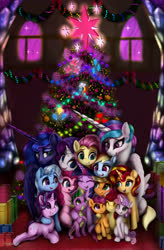 Size: 3150x4800 | Tagged: safe, artist:darksly, apple bloom, applejack, derpy hooves, fluttershy, pinkie pie, princess celestia, princess luna, rainbow dash, rarity, scootaloo, spike, starlight glimmer, sunset shimmer, sweetie belle, trixie, twilight sparkle, alicorn, dragon, earth pony, pegasus, pony, unicorn, candy, candy cane, christmas, christmas tree, cute, cutie mark crusaders, female, food, happy, high res, holiday, looking at each other, male, mane seven, mane six, present, sitting, smiling, tree, twilight sparkle (alicorn), winged spike, wings