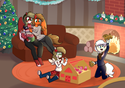 Size: 3450x2409 | Tagged: safe, artist:whatsapokemon, derpibooru exclusive, oc, oc only, oc:dulce, oc:naiv nein, oc:pierrot fisher, oc:solar chaser, anthro, book, broken leg, brother and sister, candle, child, christmas, christmas tree, couch, family, female, fire, fireplace, glasses, high res, holiday, husband and wife, incest, male, siblings, solariv, tree