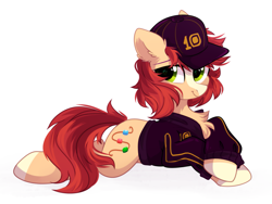Size: 2309x1732 | Tagged: safe, artist:mirtash, oc, oc only, oc:bead trail, earth pony, pony, baseball cap, cap, clothes, hat, jacket, simple background, solo, white background