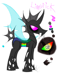 Size: 888x1150 | Tagged: safe, artist:didun850, oc, oc only, oc:limerick, changeling, bags under eyes, changeling oc, fangs, male, pentagram, reference sheet, simple background, transparent background